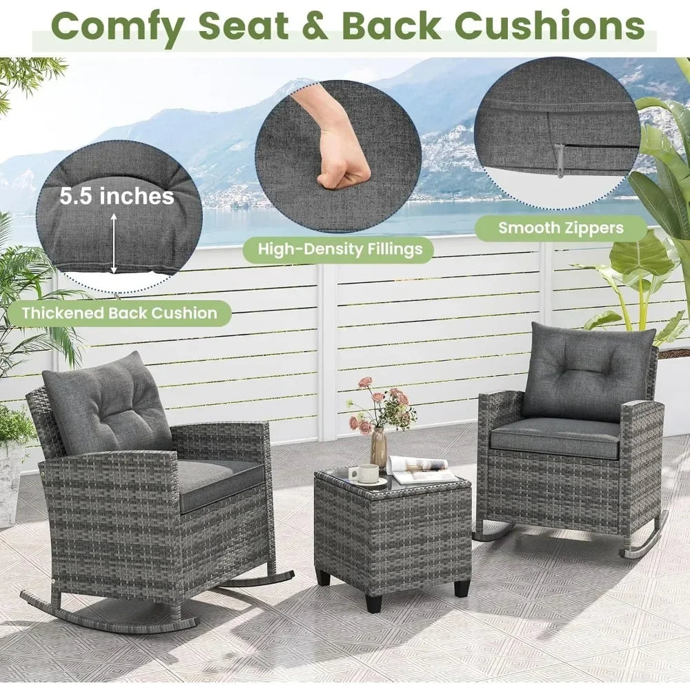 Angduo 3 Piece Patio Rocking Bistro Set Wicker Chairs