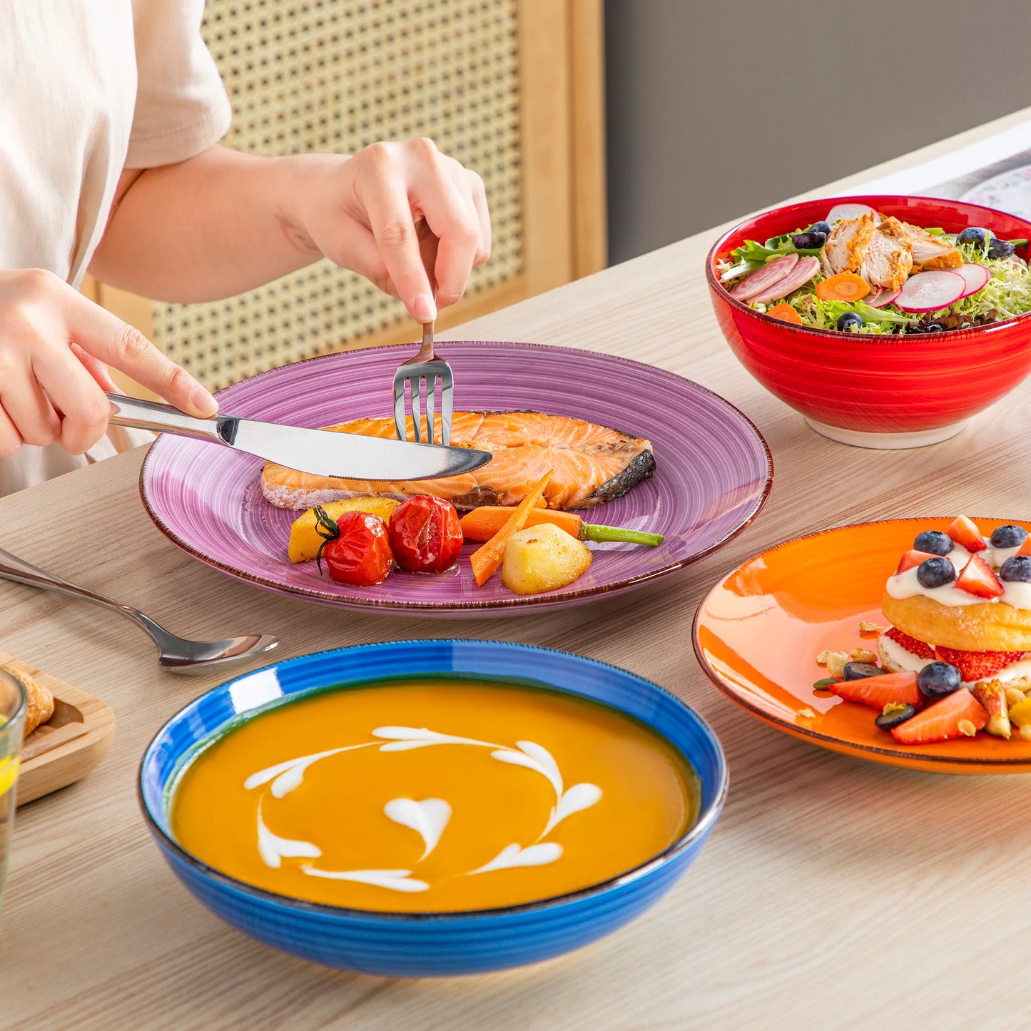 vancasso 12/24/48PCS Multicolor Ceramic Dinnerware Set Handpainted Spirals Pattern Dinner Plates/Dessert/Bowl/Soup Plates