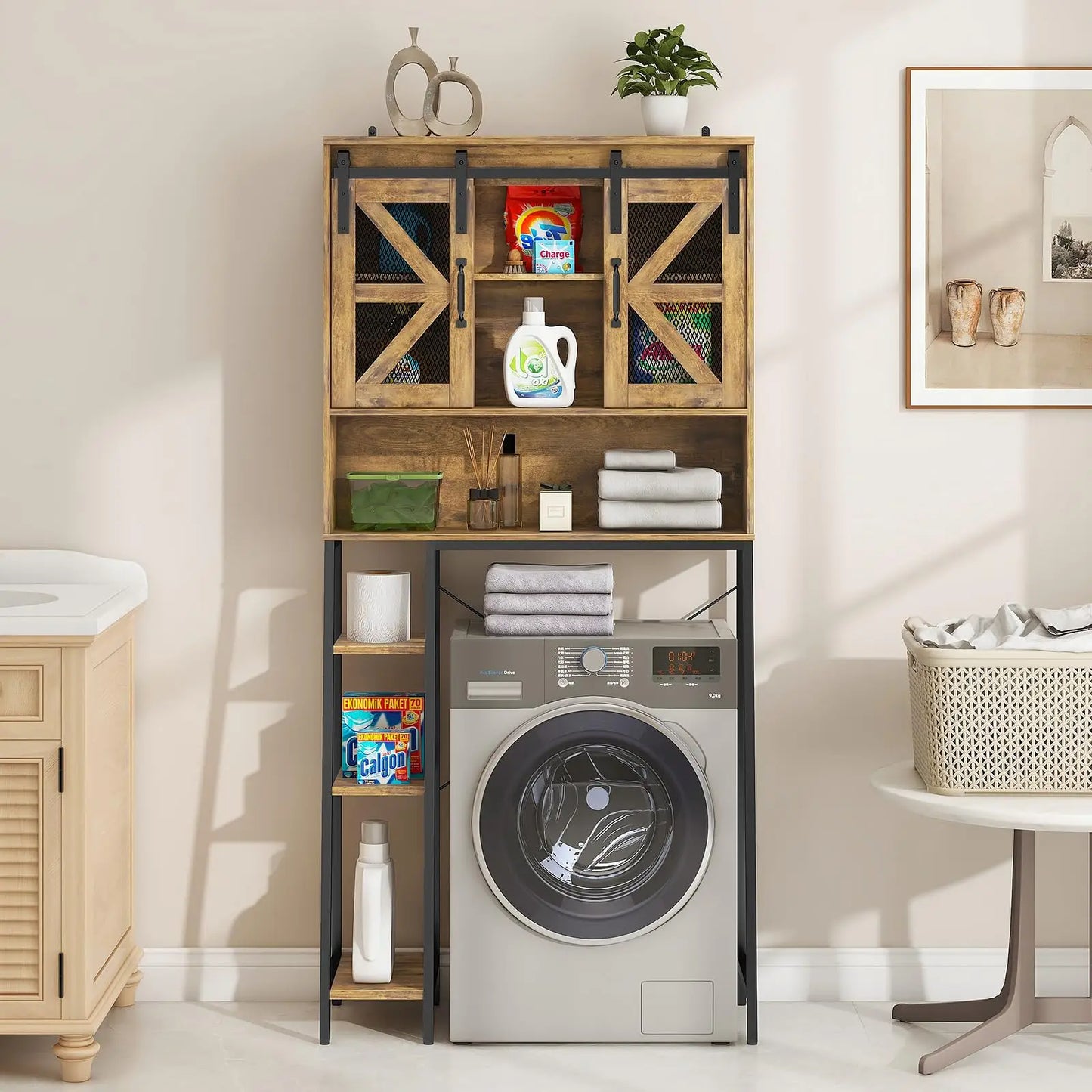 Vabches Over the Toilet Storage Cabinet Farmhouse Bathroom Storage Cabinet with Sliding Barn Door&Metal Legs Toilet Rack Laundry
