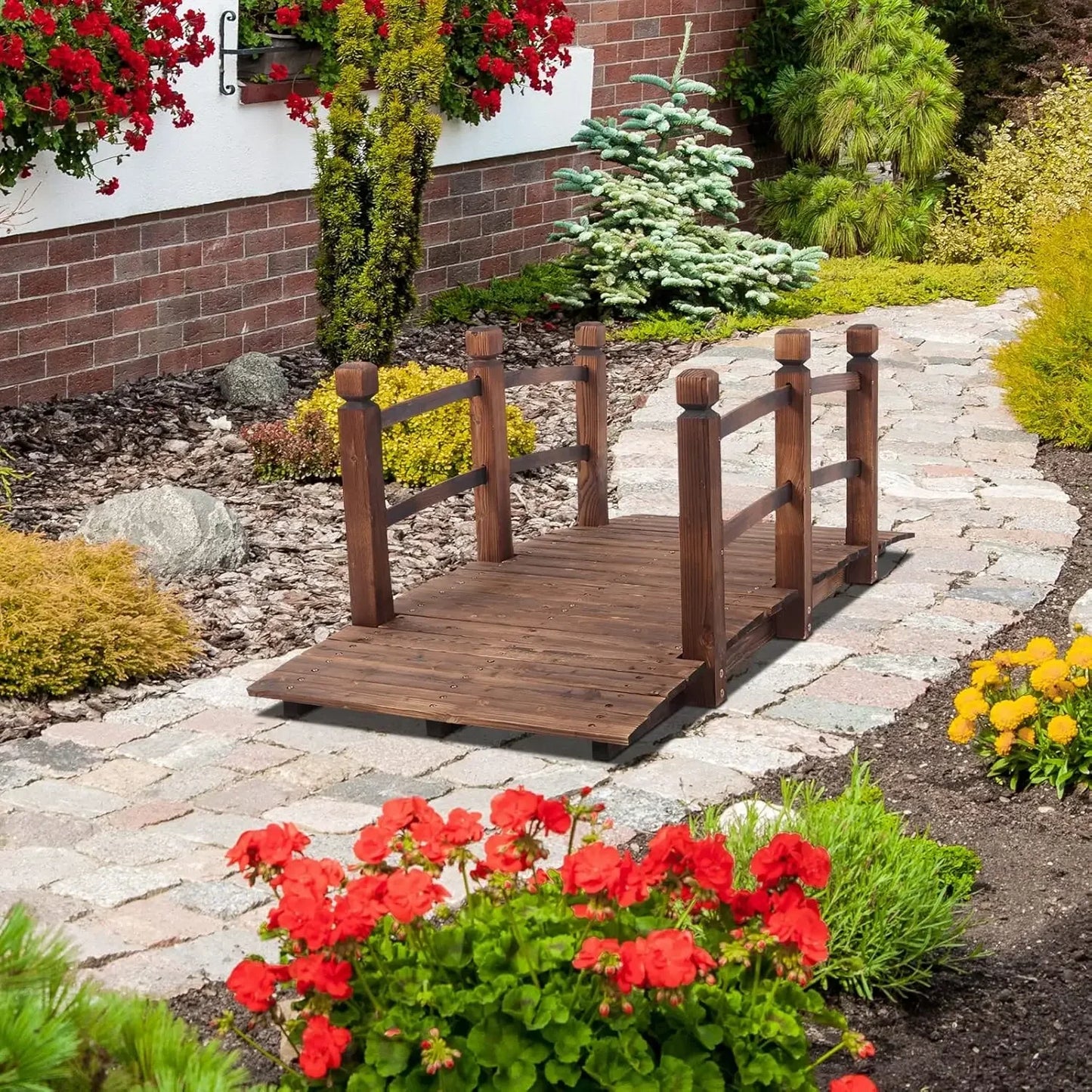 XMSJ Garden Bridge Classic Wooden Arch With Safety Rails