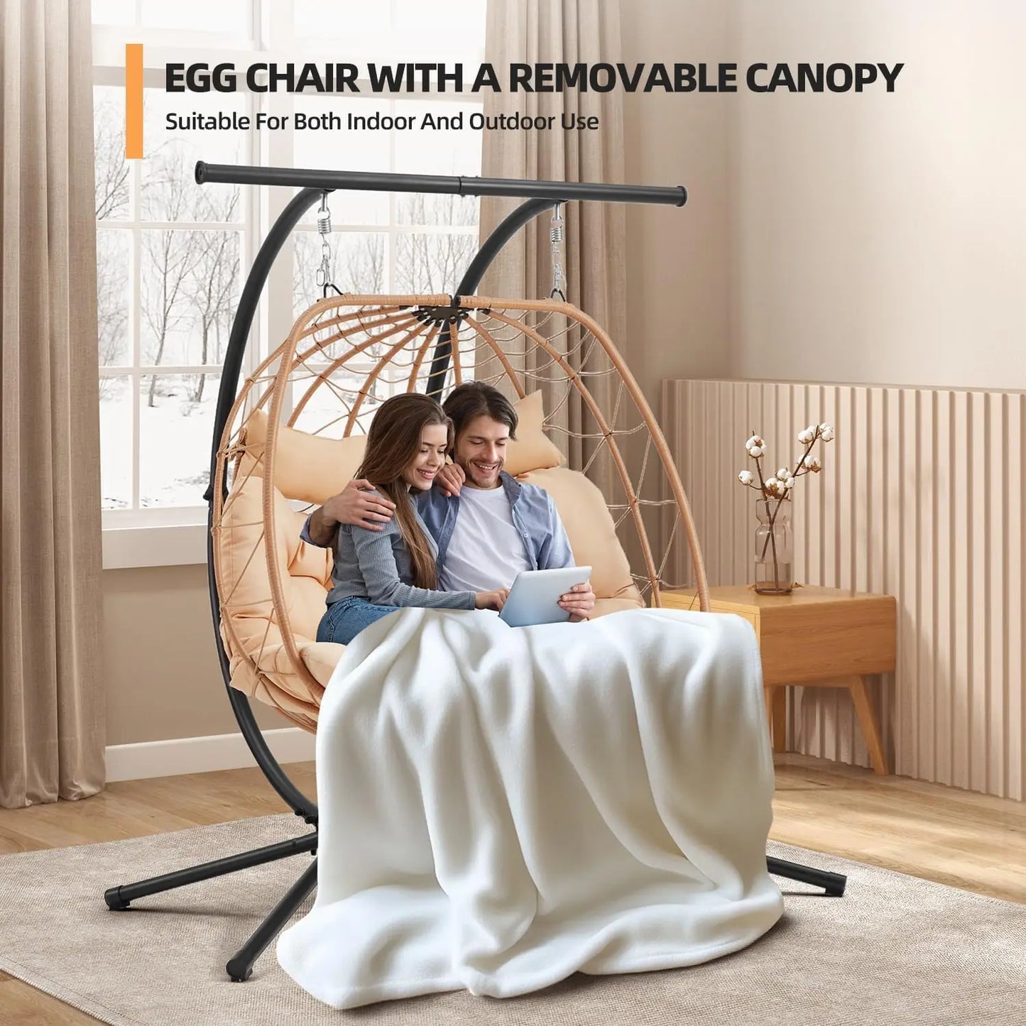 YOLENY Double Egg Chair With Adjustable Canopy Patio Swing