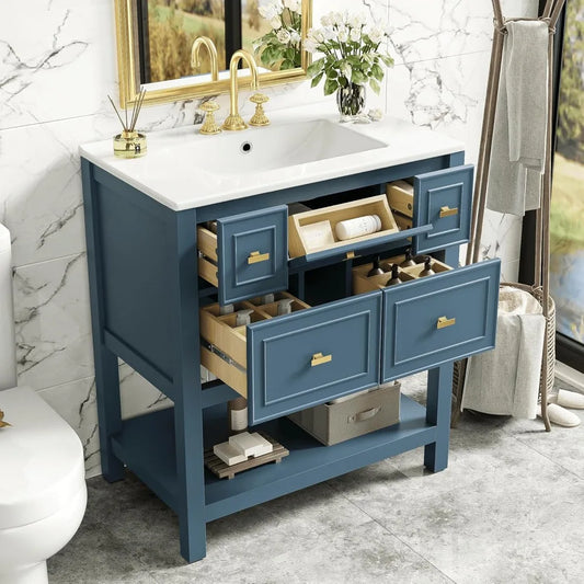 30 Inch Bathroom Vanity with Sink Combo, Modern Bathroom Storage Cabinet with 4 Drawers, 1 Pull-Out Drawer & Open Shelf, Solid W