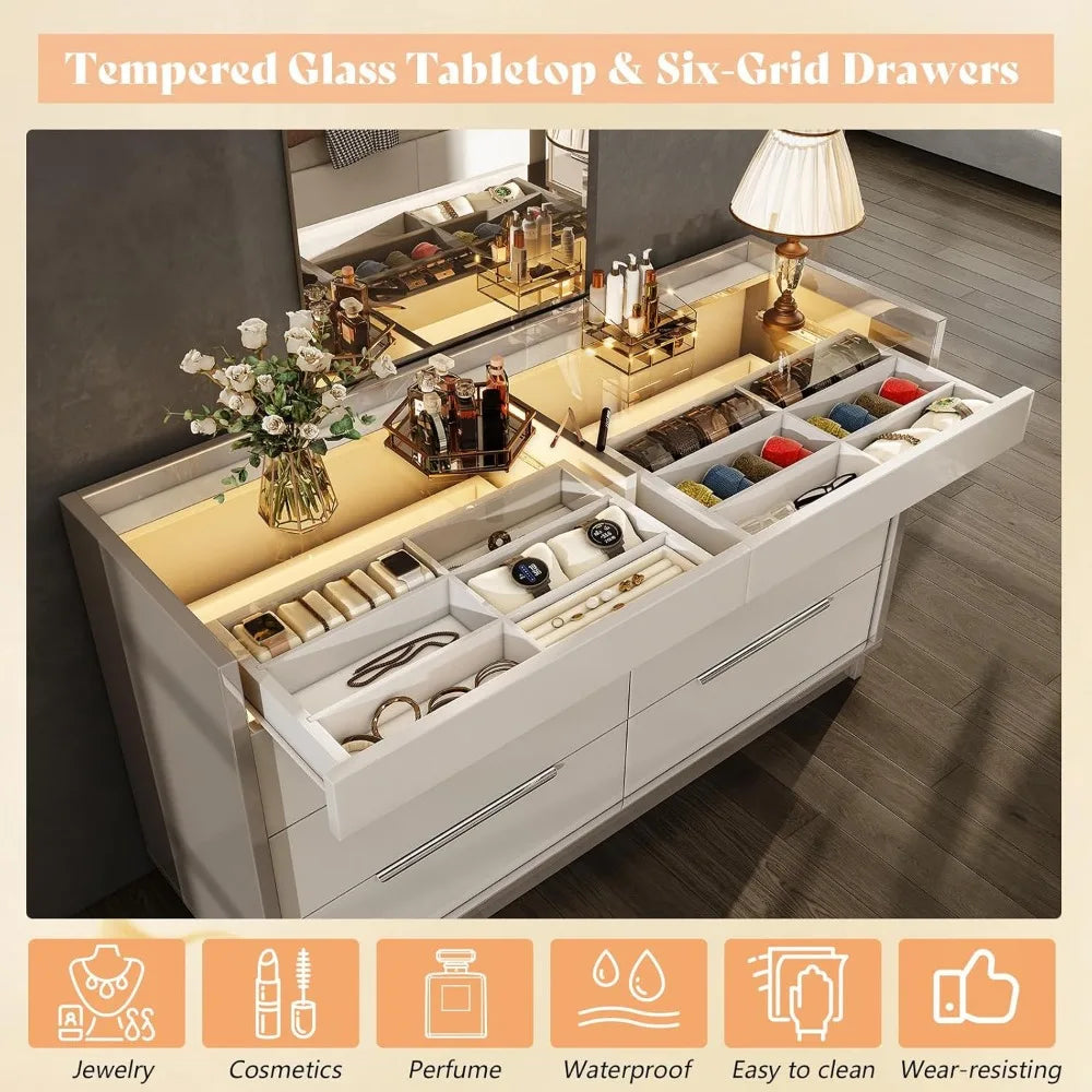 47.2" 8 Drawer Dresser with LED Light, Modern High Gloss Chest of Drawers with Glass Tabletop & 2 Six-Grid Jewelry Drawers, for