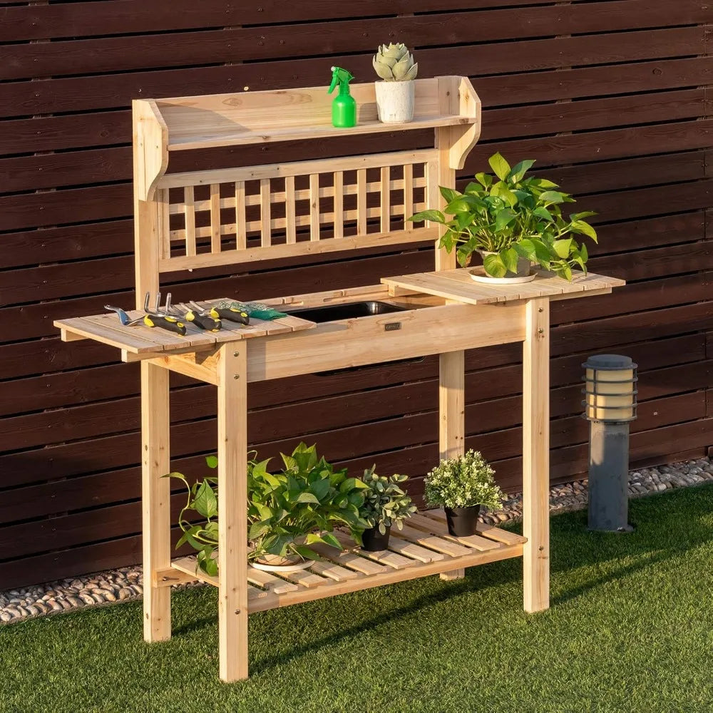 Garden Potting Bench Wood Work Table With Sliding Tabletop
