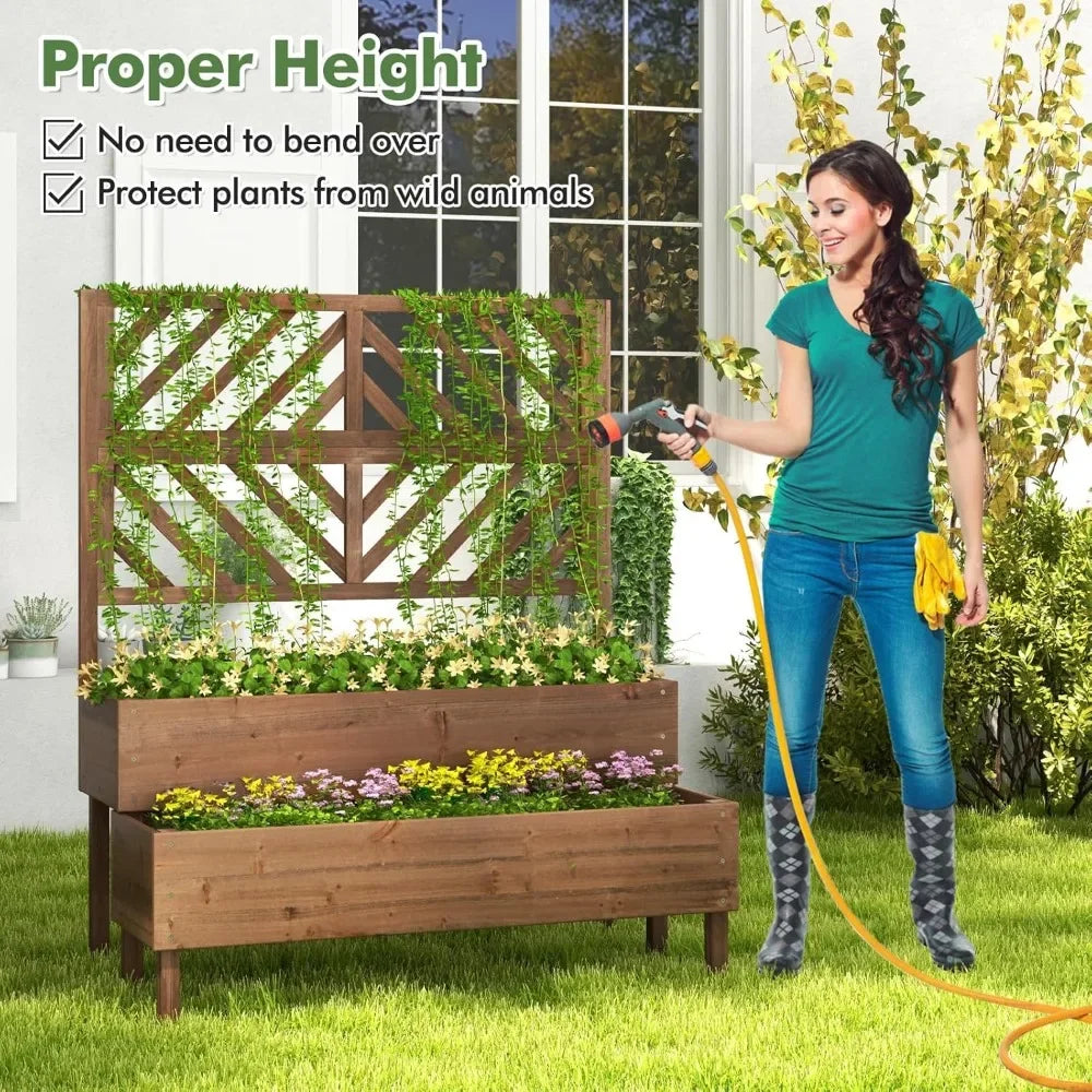 JIAOYING Raised Garden Bed With Trellis 2 Tier Planter Box