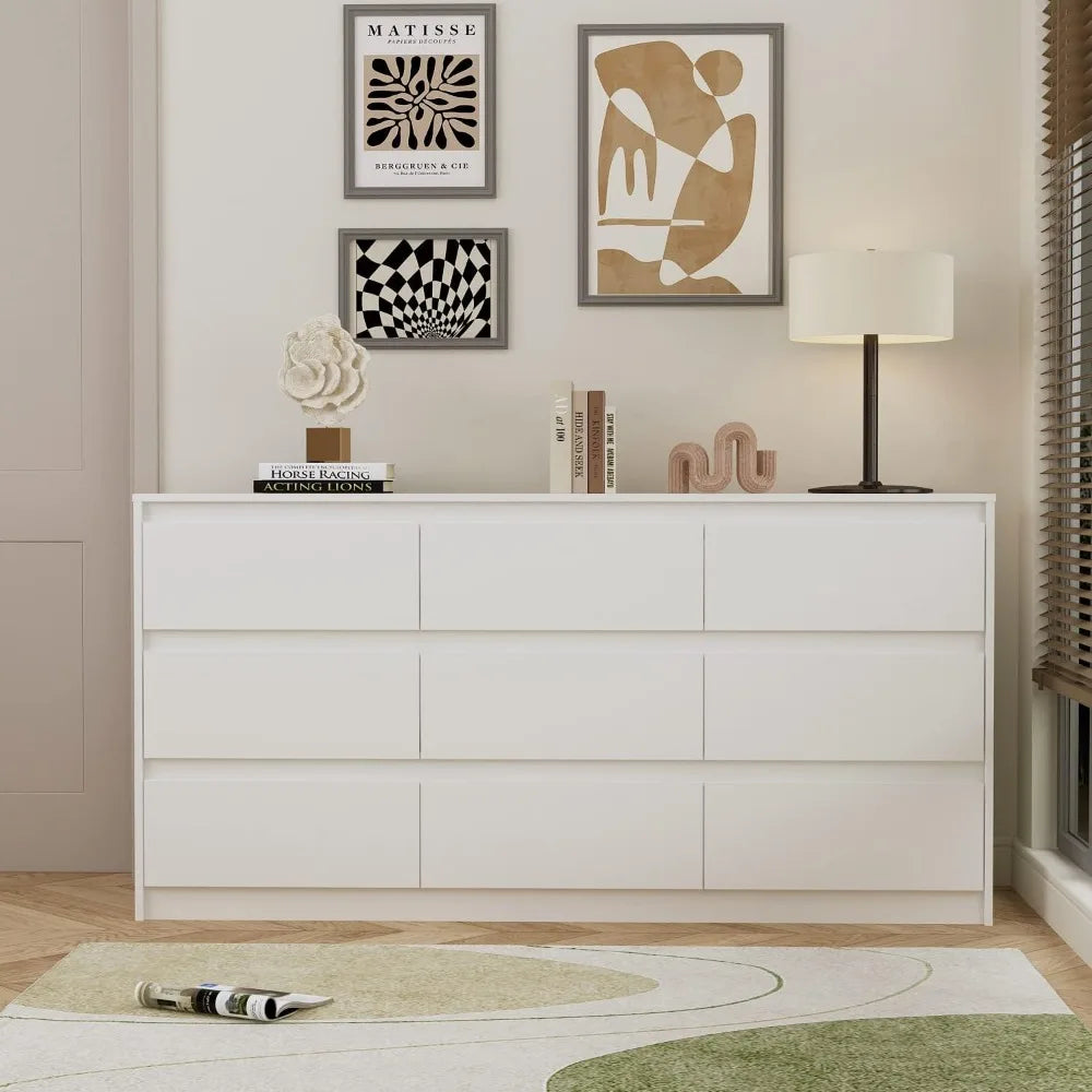 9 Drawers Double Dresser, Modern Wood Dresser Chest of Drawers with Large Storage Space for Bedroom, White (63”L x 15.7”W x 31.