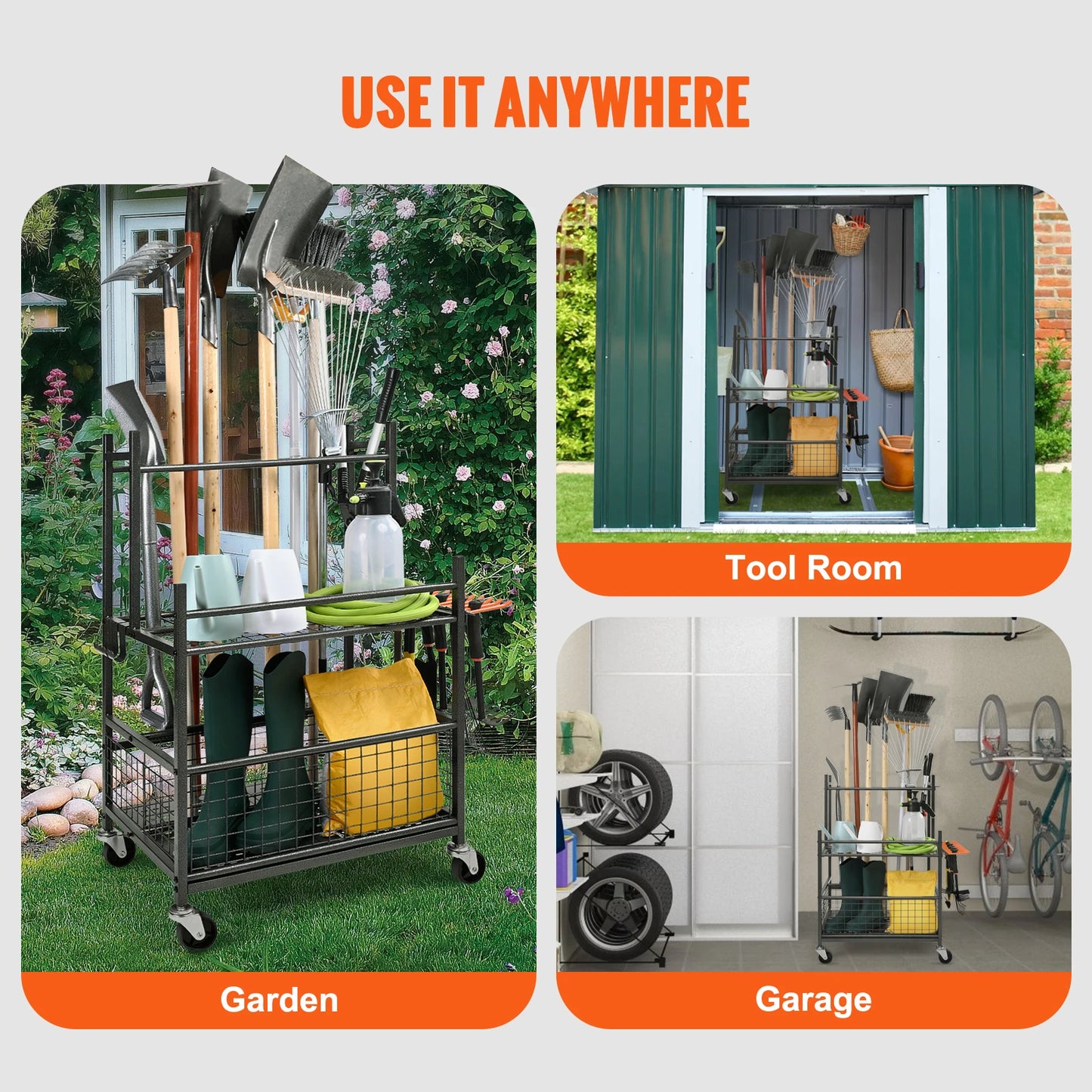SucceBuy Garden Tool Organizer Rack With Hooks And Wheels