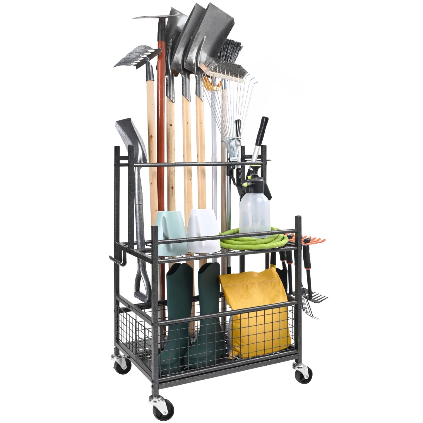 SucceBuy Garden Tool Organizer Rack With Hooks And Wheels