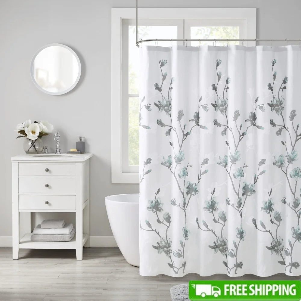 Lightweight Floral Printed Burnout Shower Curtain with Microfiber Liner 72x72 Machine Washable Aqua Grey Bathroom Decor