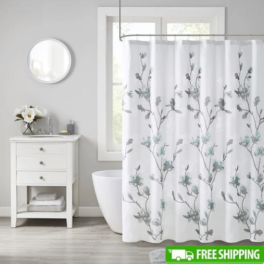 Lightweight Floral Printed Burnout Shower Curtain with Microfiber Liner 72x72 Machine Washable Aqua Grey Bathroom Decor