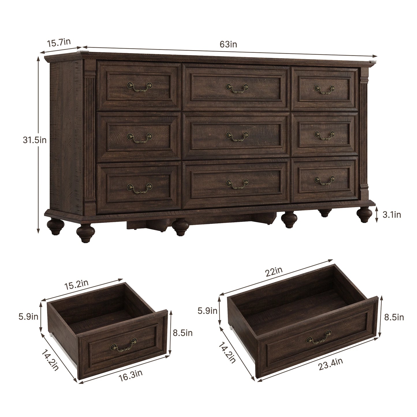 Farmhouse 9 Drawers Dresser for Bedroom with 6 Gourd Feet and Roman column decor, 63in Wide Wood Country Rustic Chest of Drawers