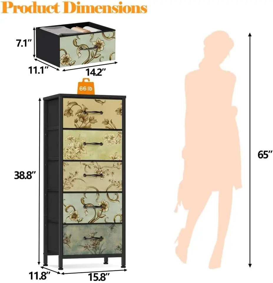 Vertical Dresser for Bedroom, Tall Skinny Storage Tower with 5 Fabric Drawers, Chest of Drawers for Living Room, Dorm, Entryway,