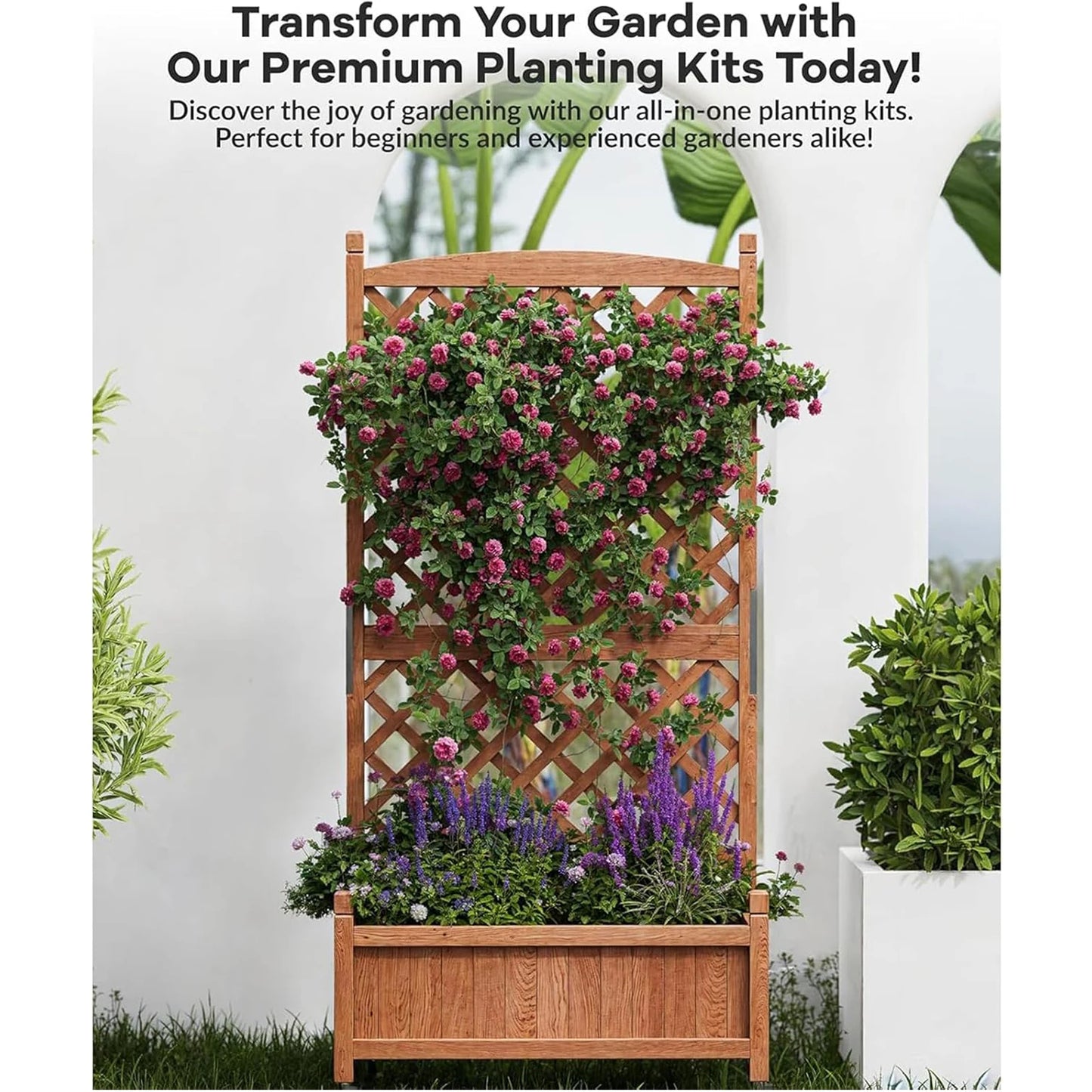HiMISS Wood Raised Garden Bed With Trellis And Wheels