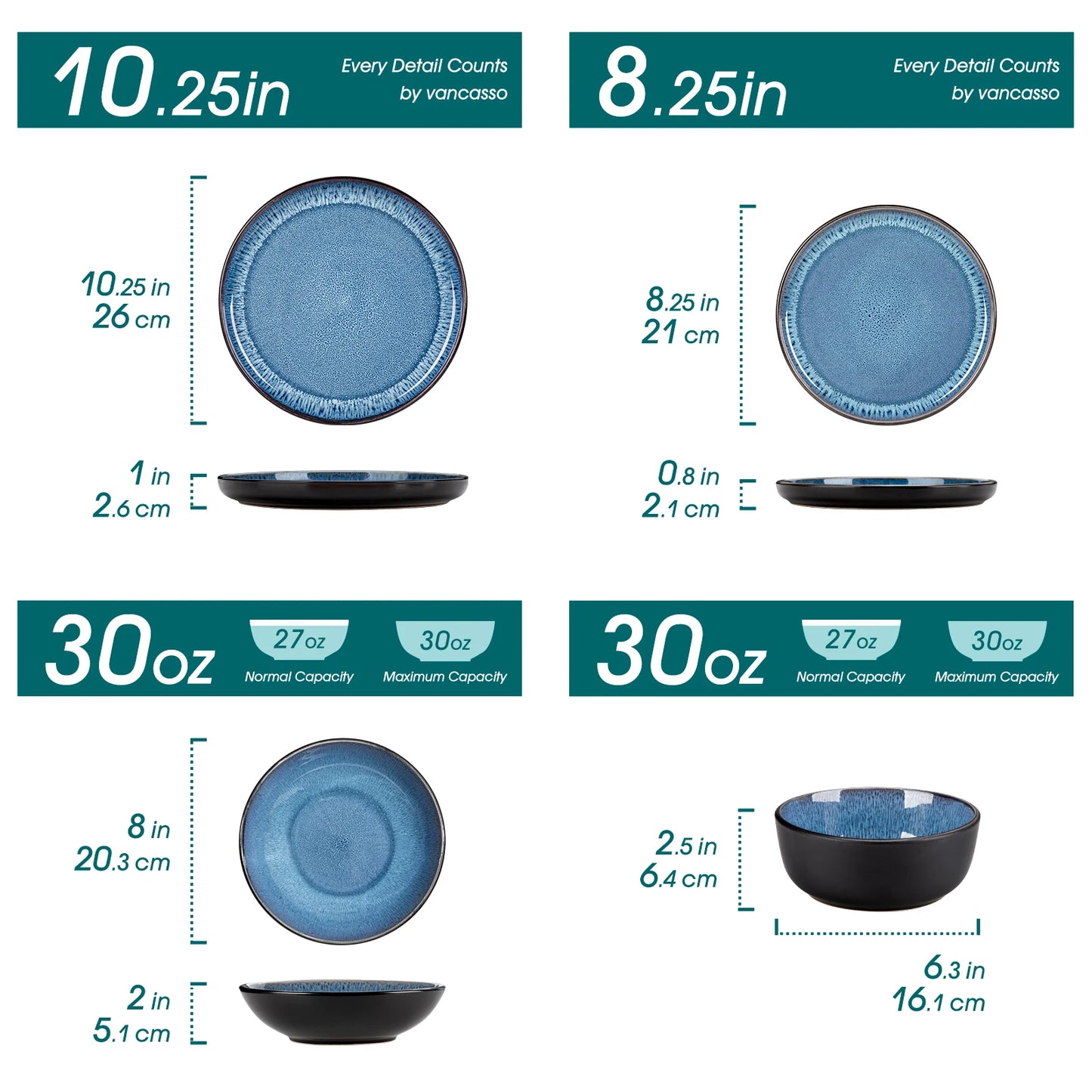 vancasso 24 Piece Blue Dinnerware Sets Reactive Glaze Dishes Set Dishwasher Safe With 6 PCS Dinner Plate/Dessert/Bowl for 8