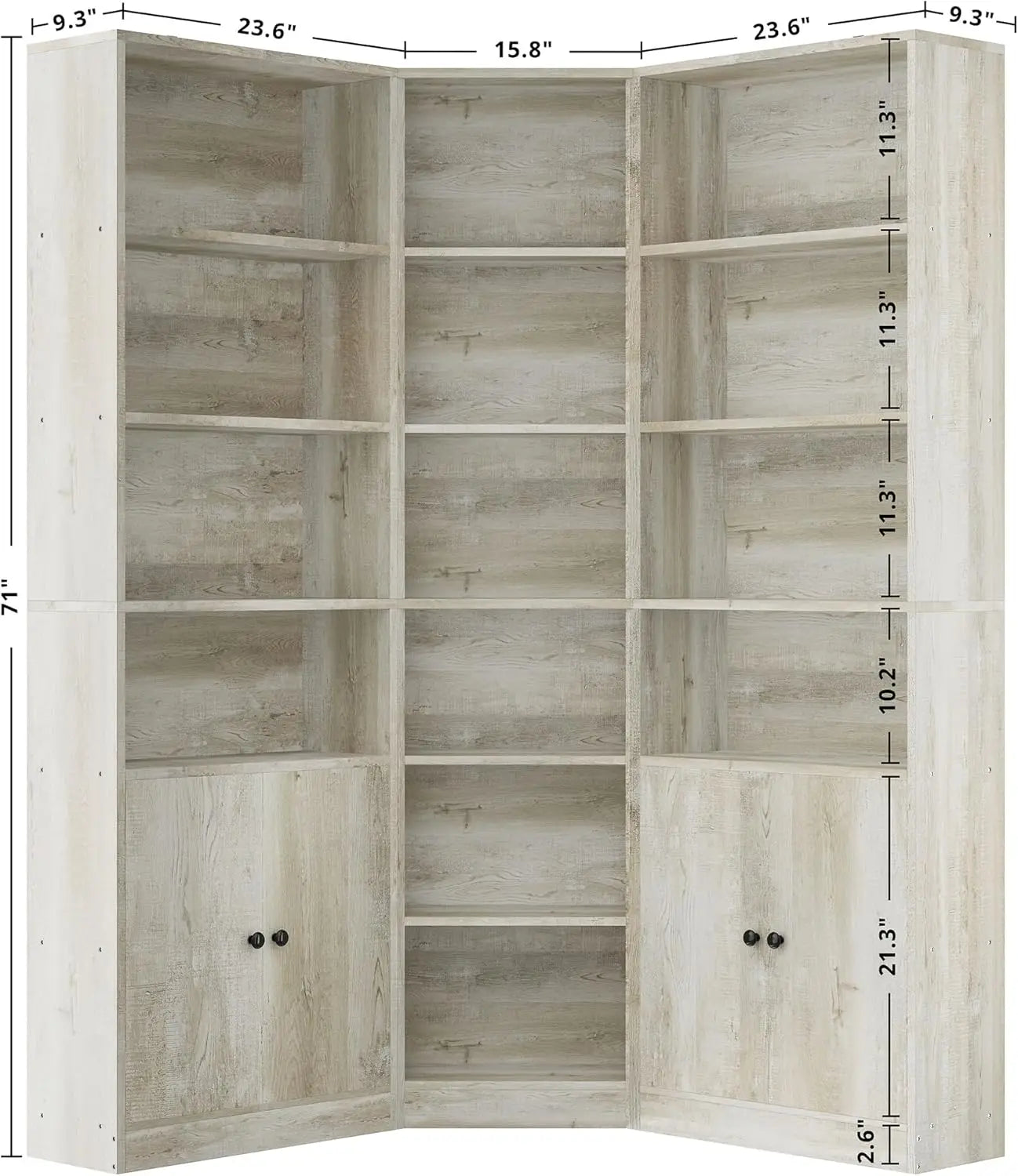 IRONCK Corner Bookcase And Two-Storage-Cabinet Unit With Seven-Tier Shelves System