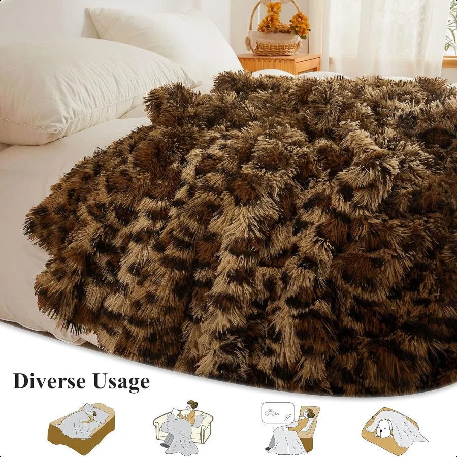 Guangdong Craft Of Weaving Leopard Print Faux Fur Throw Blanket Plush Decor Soft Cozy