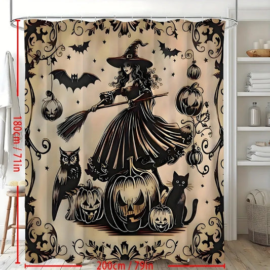 Halloween Shower Curtain Set with - Vintage Witch & Pumpkin Design, Water-Resistant Polyester, Horror Themed Bathroom Decor