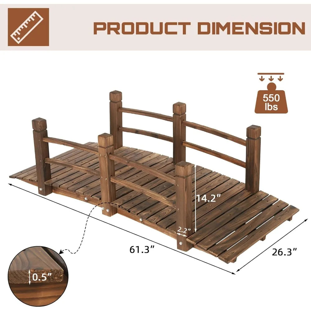 Fir Wood Garden Bridge Arc Footbridge With Safety Railings