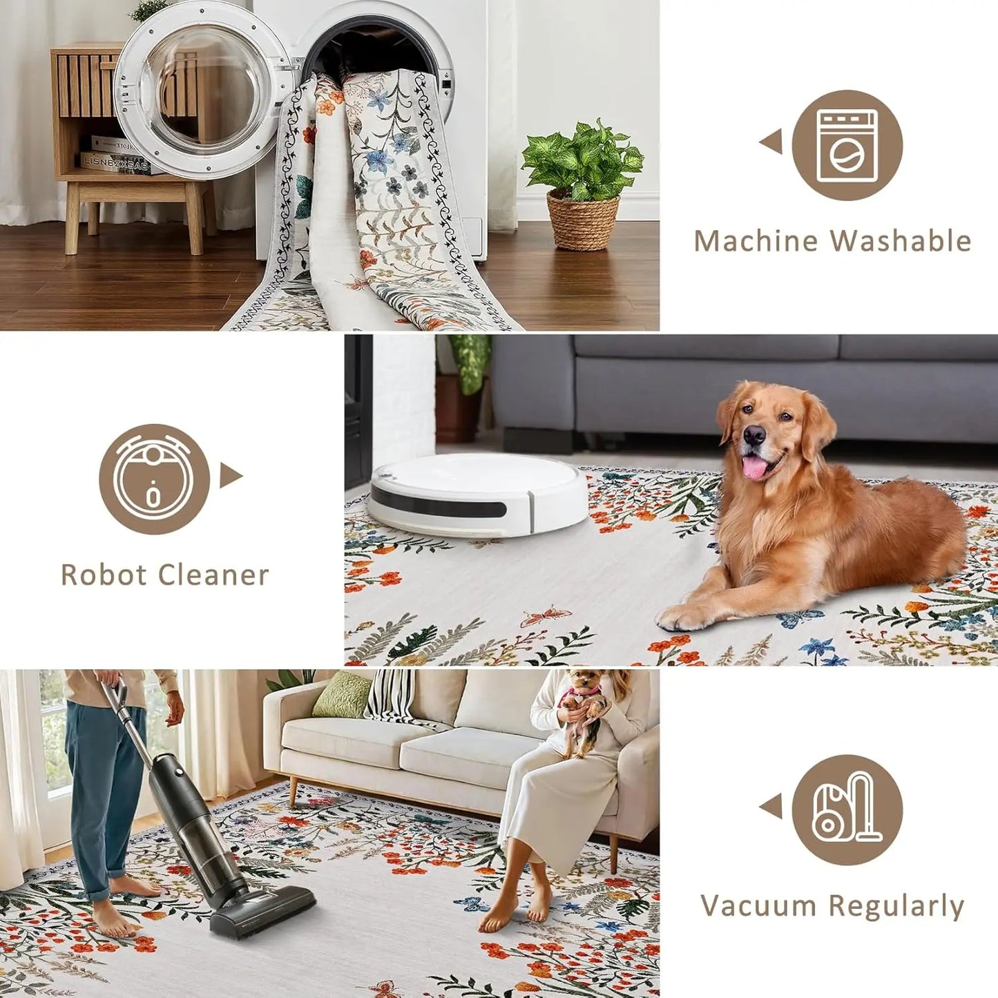 Washable Area Rugs for Living Room, Non-Slip Floral Rugs for Bedroom, Runner Rugs for Hallway, Area Rug Carpet for Dining Room