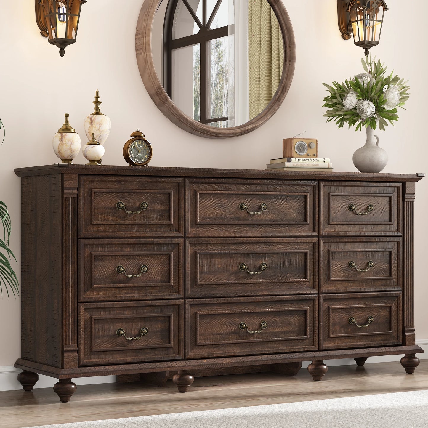 Farmhouse 9 Drawers Dresser for Bedroom with 6 Gourd Feet and Roman column decor, 63in Wide Wood Country Rustic Chest of Drawers