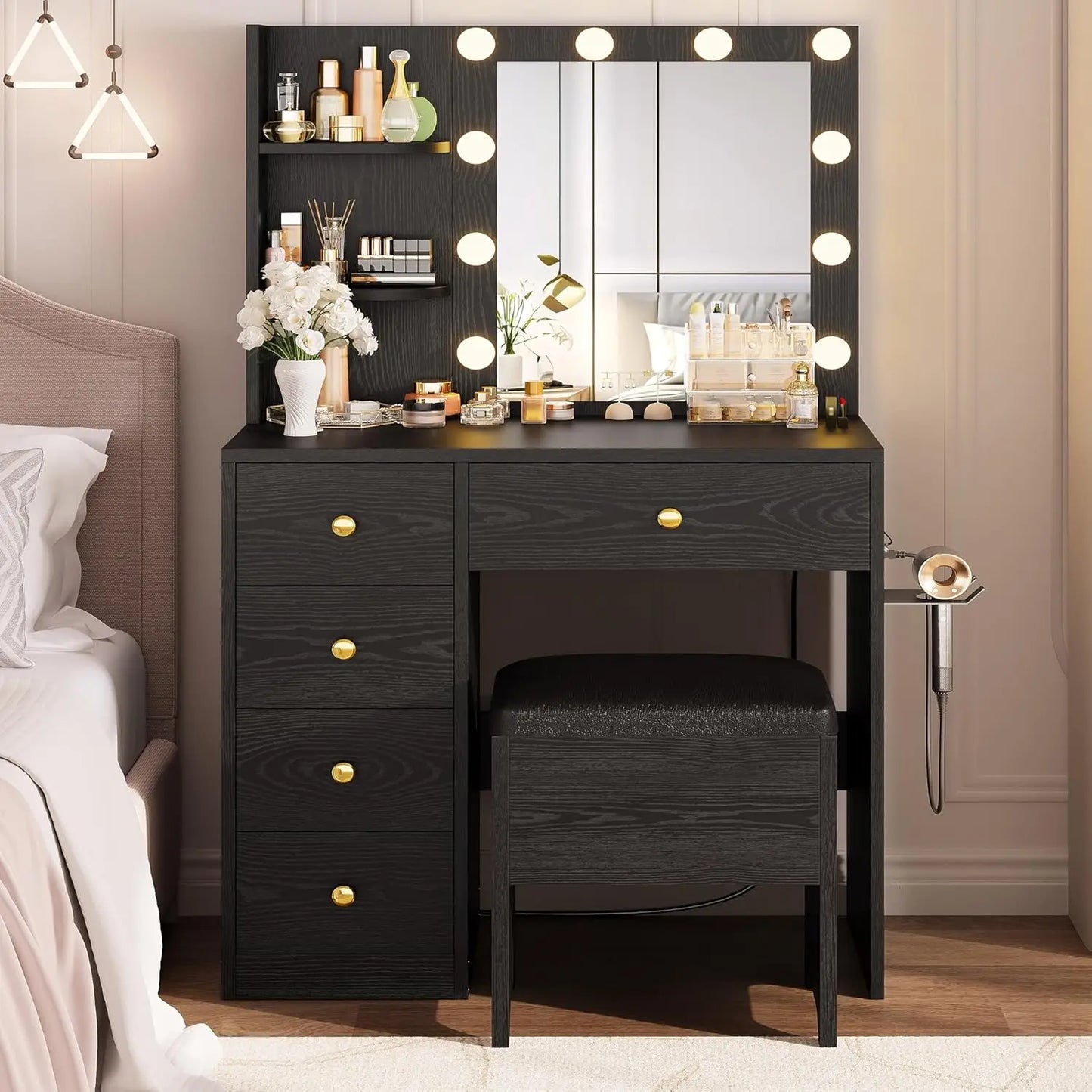 IRONCK Vanity Desk with Mirror and Lights,Small Makeup Vanity Table with 5 Drawers, Dressing Table for Women Girls Bedroom