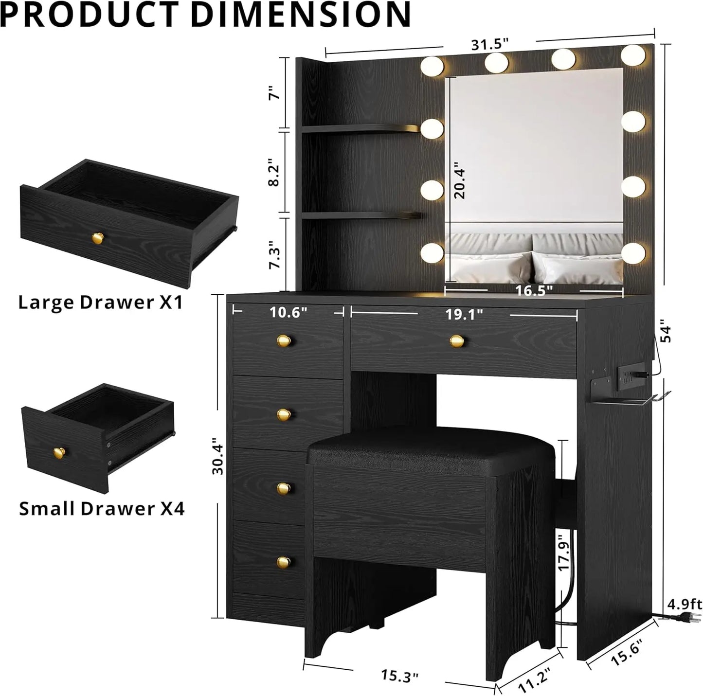 IRONCK Vanity Desk with Mirror and Lights,Small Makeup Vanity Table with 5 Drawers, Dressing Table for Women Girls Bedroom