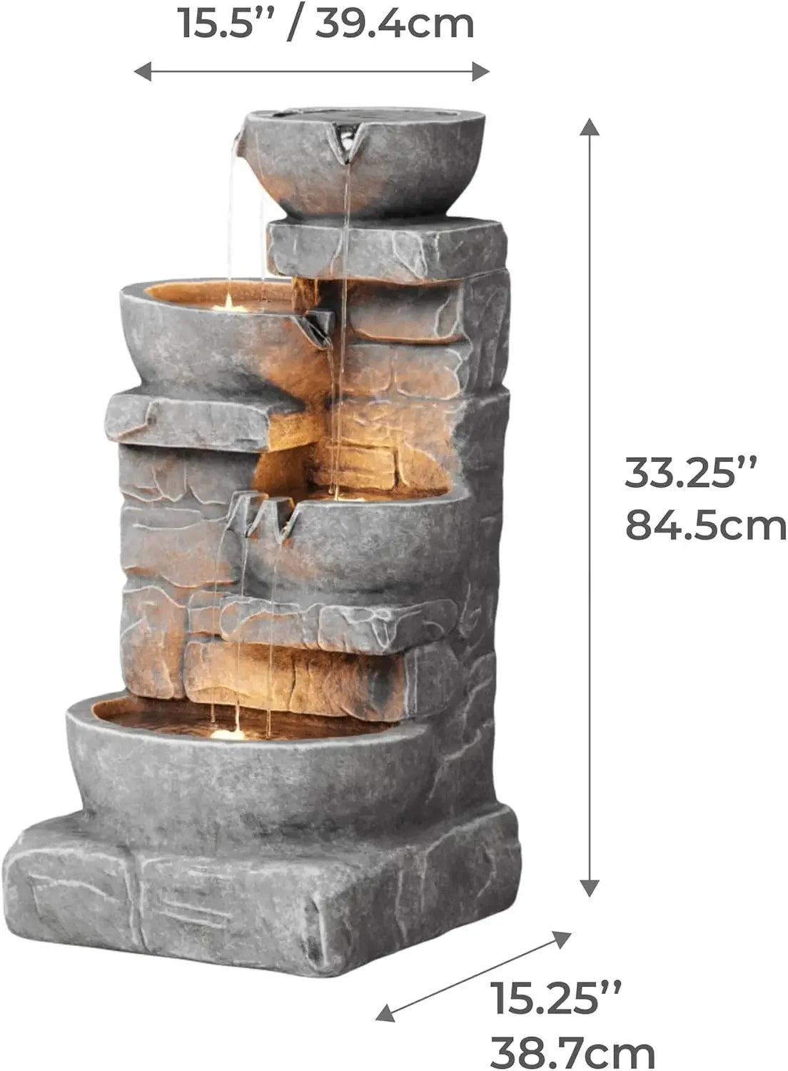 LED Outdoor Water Fountain With Cascading Bowls And Stones