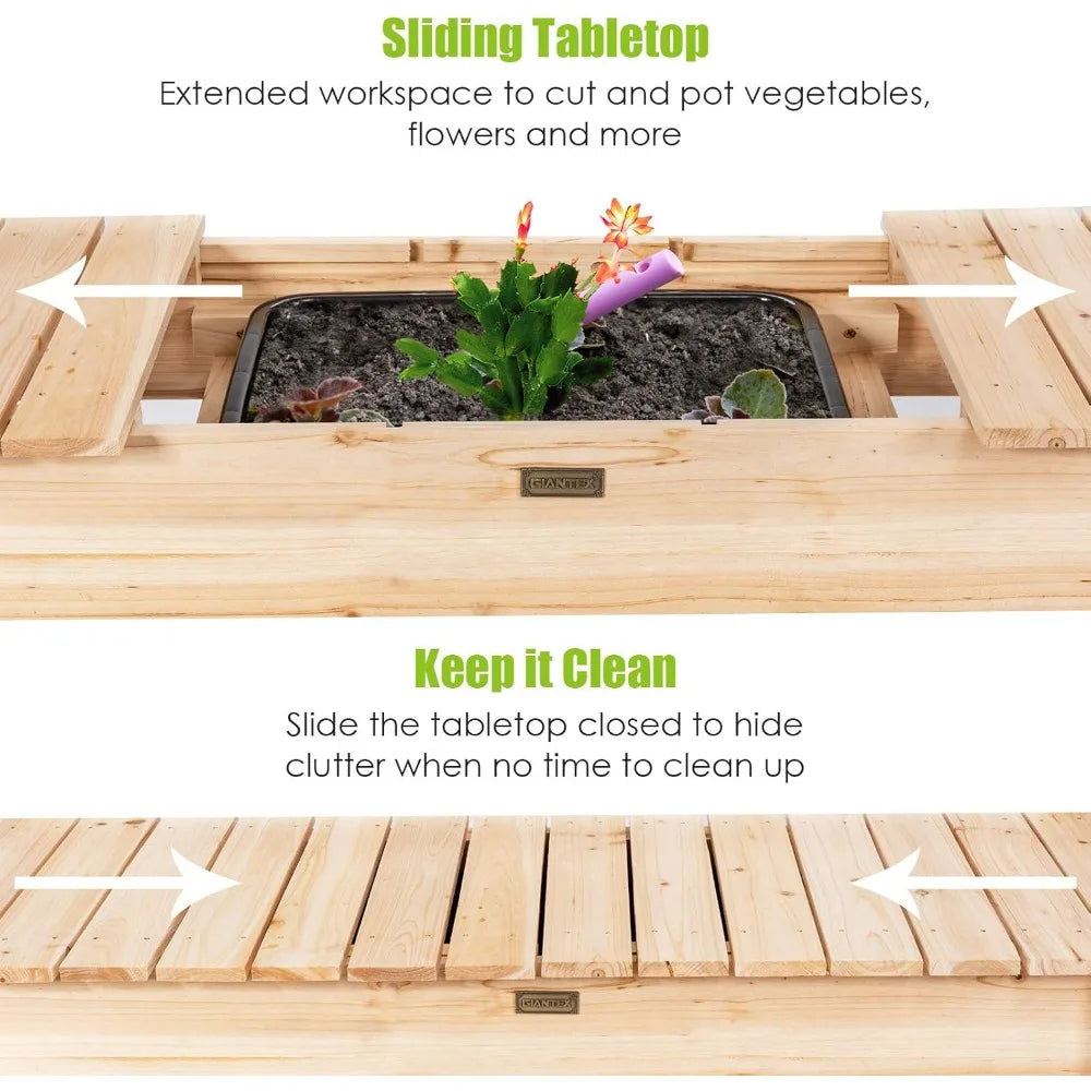 Garden Potting Bench Wood Work Table With Sliding Tabletop