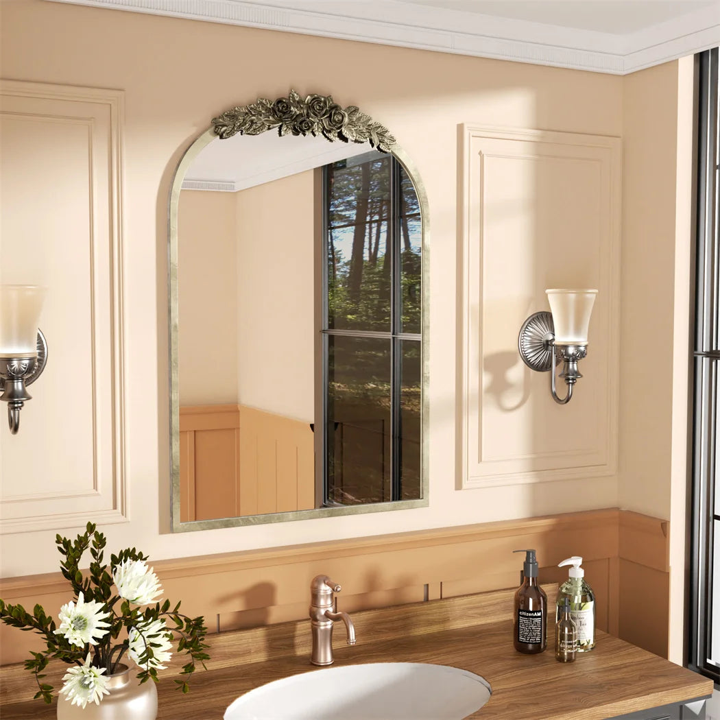 LUVODI Arched Wall Mirror With Resin Rose Pattern Frame