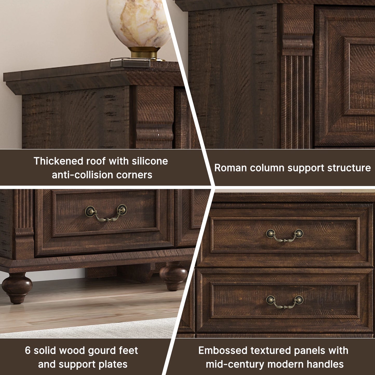 Farmhouse 9 Drawers Dresser for Bedroom with 6 Gourd Feet and Roman column decor, 63in Wide Wood Country Rustic Chest of Drawers