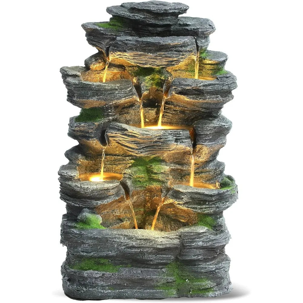 Grepatio Outdoor 7 Tier Cascading Rock Water Fountain Led