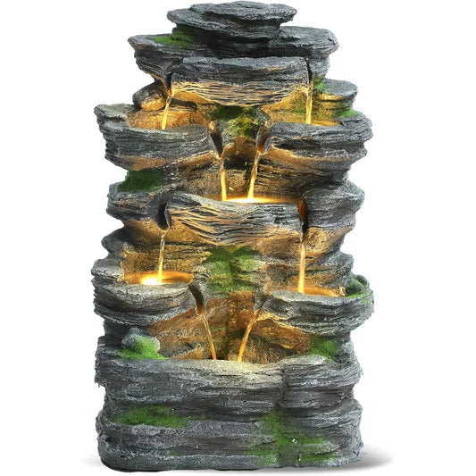 Grepatio Outdoor 7 Tier Cascading Rock Water Fountain Led