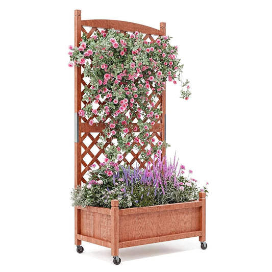 HiMISS Wood Raised Garden Bed With Trellis And Wheels