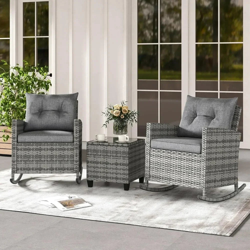 Angduo 3 Piece Patio Rocking Bistro Set Wicker Chairs