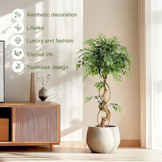 HiMIS Ficus Artificial Tree With Curved Trunk Silk Leaves