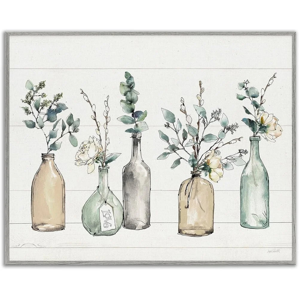 DUTRIEUX Wood Textured Wall Art Bottles And Plants Framed