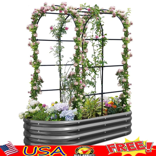 XMSJ Galvanized Steel Raised Garden Bed With Arched Trellis