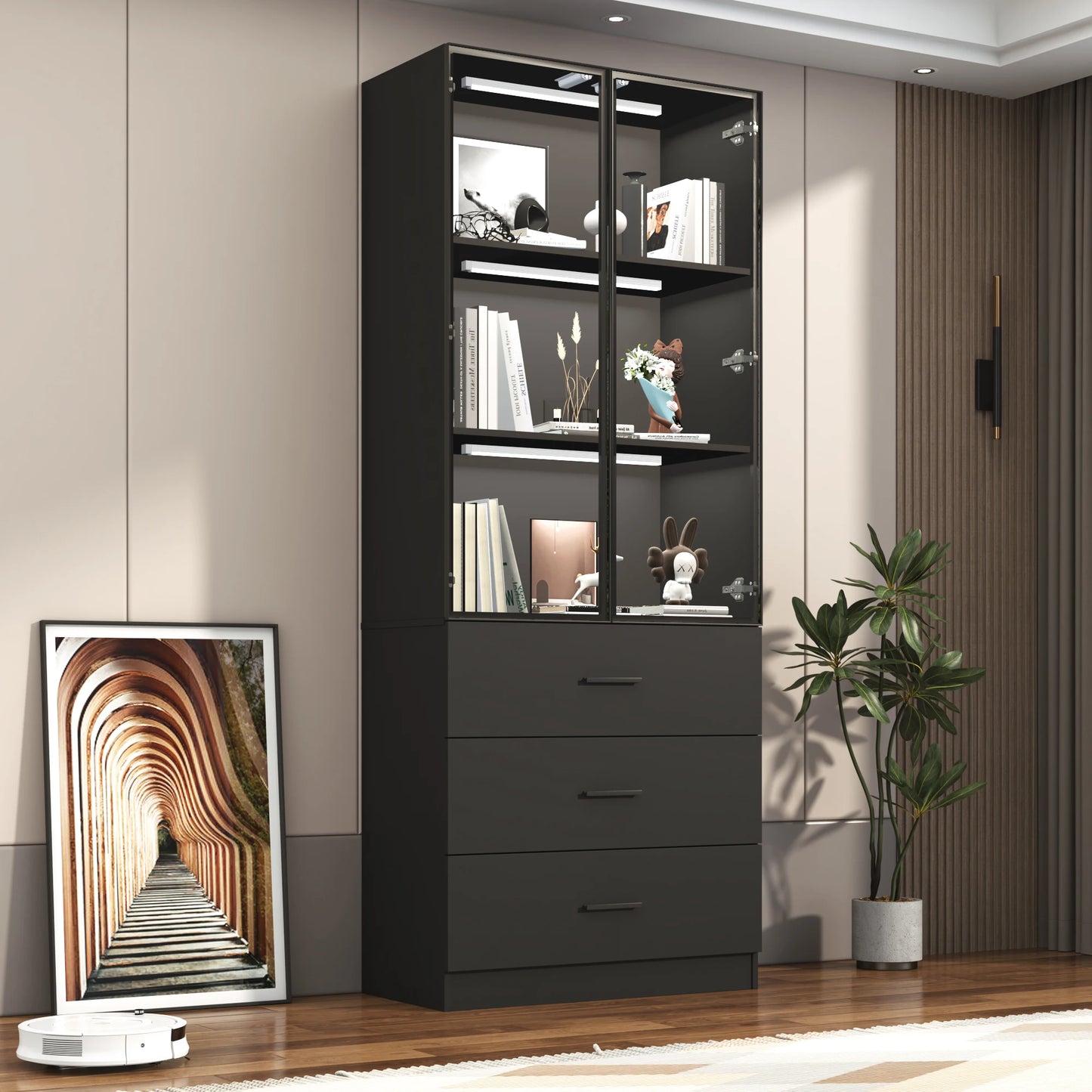 QiaoShiRen Modern Display Cabinet With LED Lights And Glass Doors