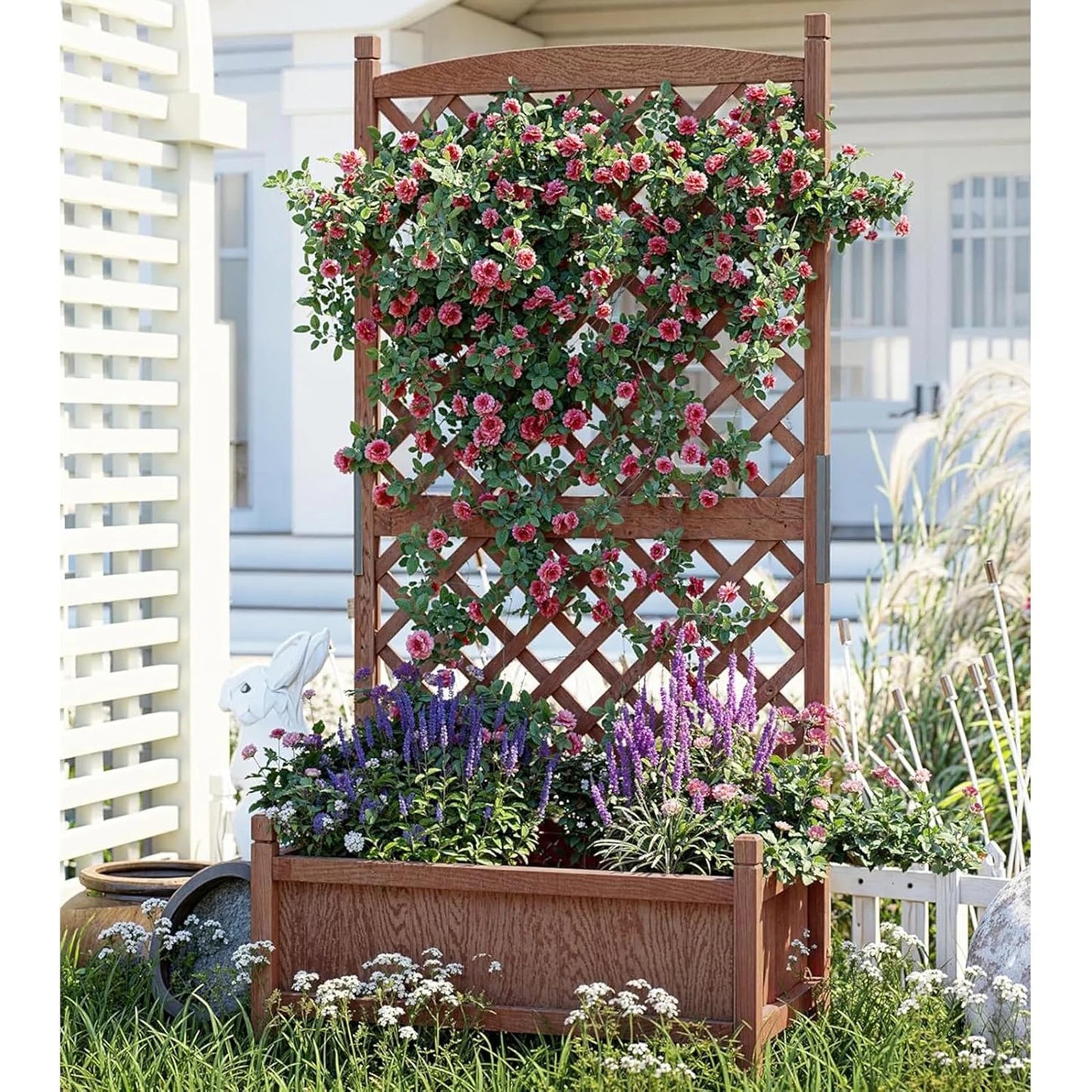 HiMISS Wood Raised Garden Bed With Trellis And Wheels