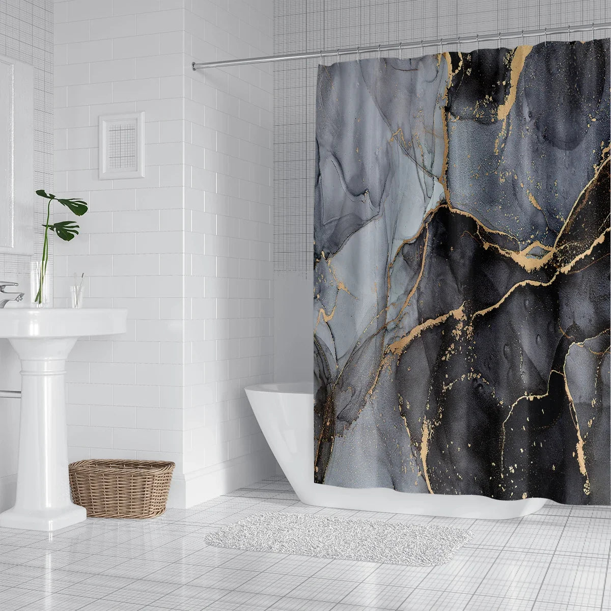 Warm Welcome Decor Marble Pattern Shower Curtain Waterproof