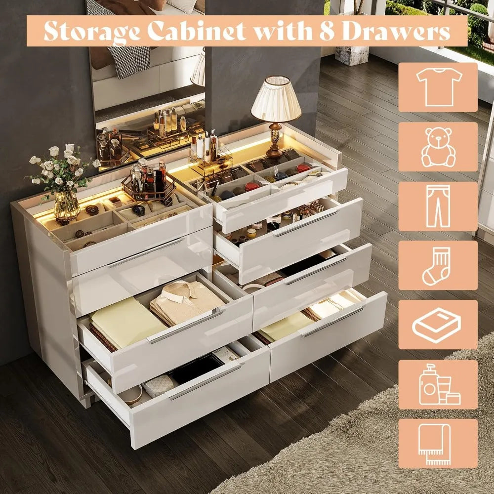 47.2" 8 Drawer Dresser with LED Light, Modern High Gloss Chest of Drawers with Glass Tabletop & 2 Six-Grid Jewelry Drawers, for