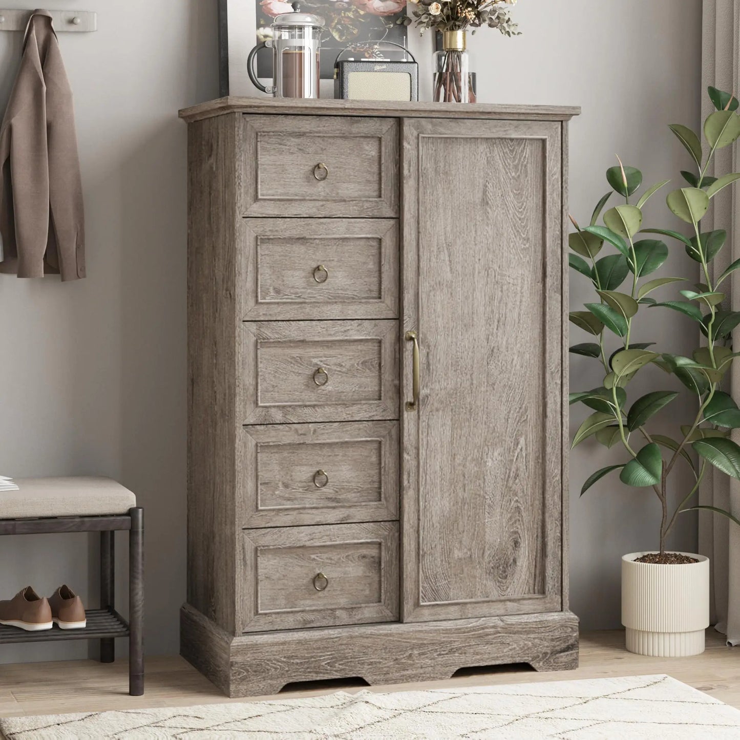 Vabches Dresser for Bedroom 5 Drawers Dresser Organizer Storage with Sliding Door 48" Chest of Drawers Farmhouse Wood Dresser