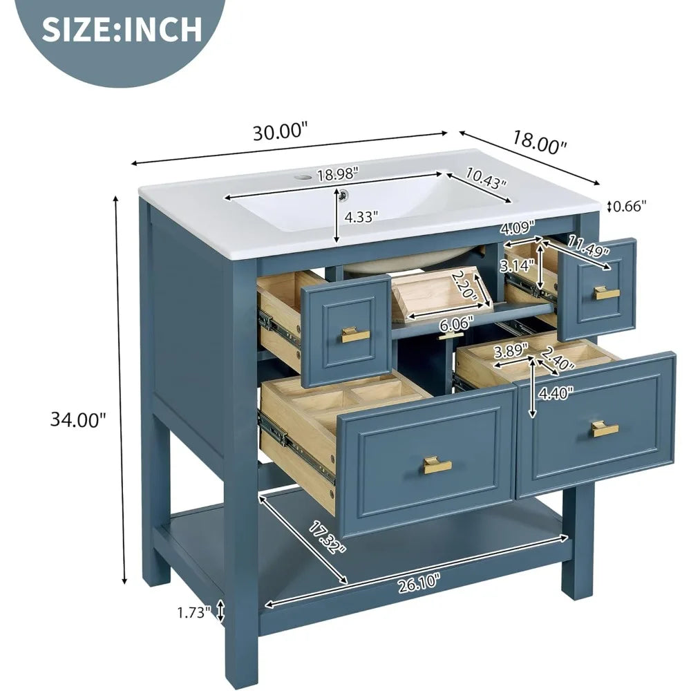 30 Inch Bathroom Vanity with Sink Combo, Modern Bathroom Storage Cabinet with 4 Drawers, 1 Pull-Out Drawer & Open Shelf, Solid W