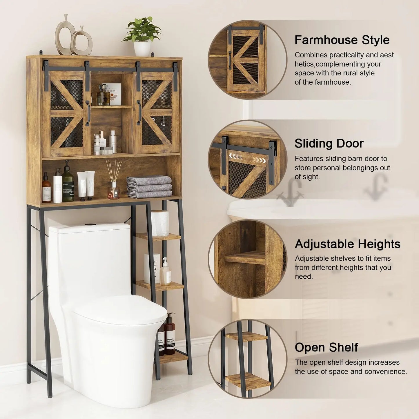 Vabches Over the Toilet Storage Cabinet Farmhouse Bathroom Storage Cabinet with Sliding Barn Door&Metal Legs Toilet Rack Laundry