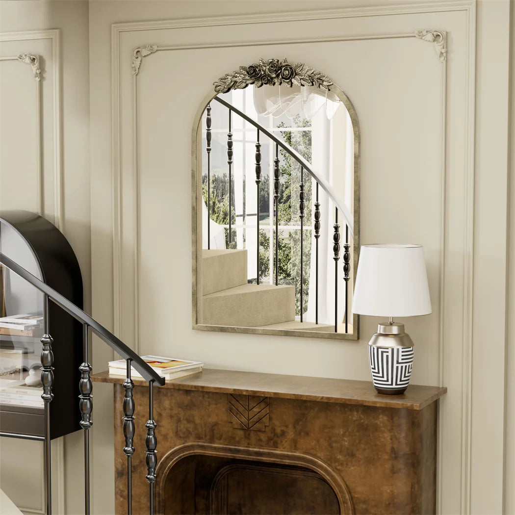 LUVODI Arched Wall Mirror With Resin Rose Pattern Frame