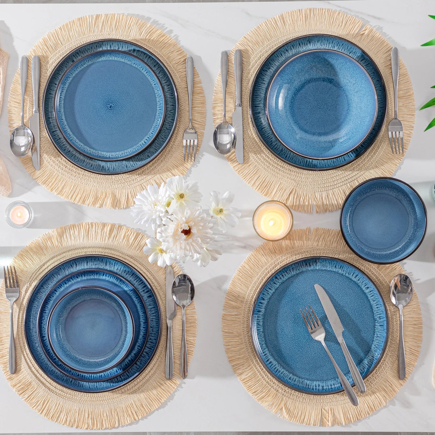 vancasso 24 Piece Blue Dinnerware Sets Reactive Glaze Dishes Set Dishwasher Safe With 6 PCS Dinner Plate/Dessert/Bowl for 8