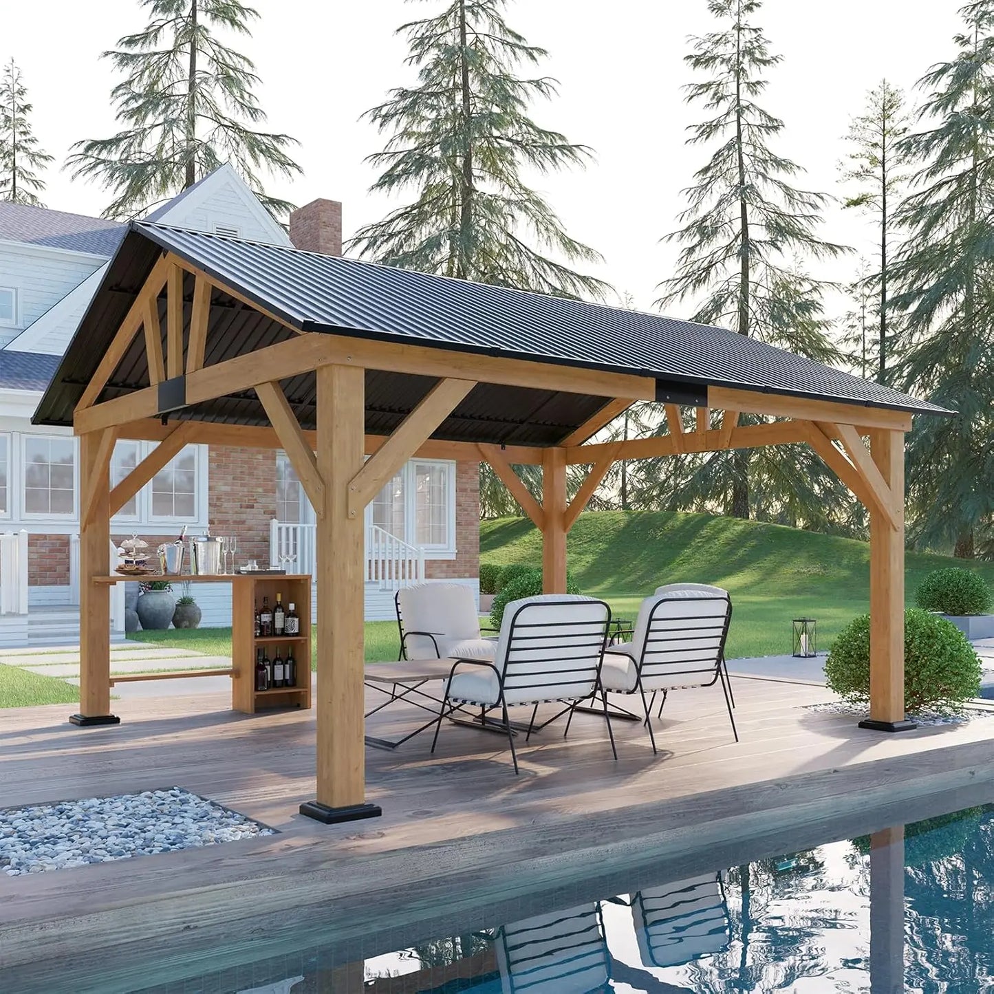 Feature Wood Gazebo With Bar Storage And Steel Gable Roof