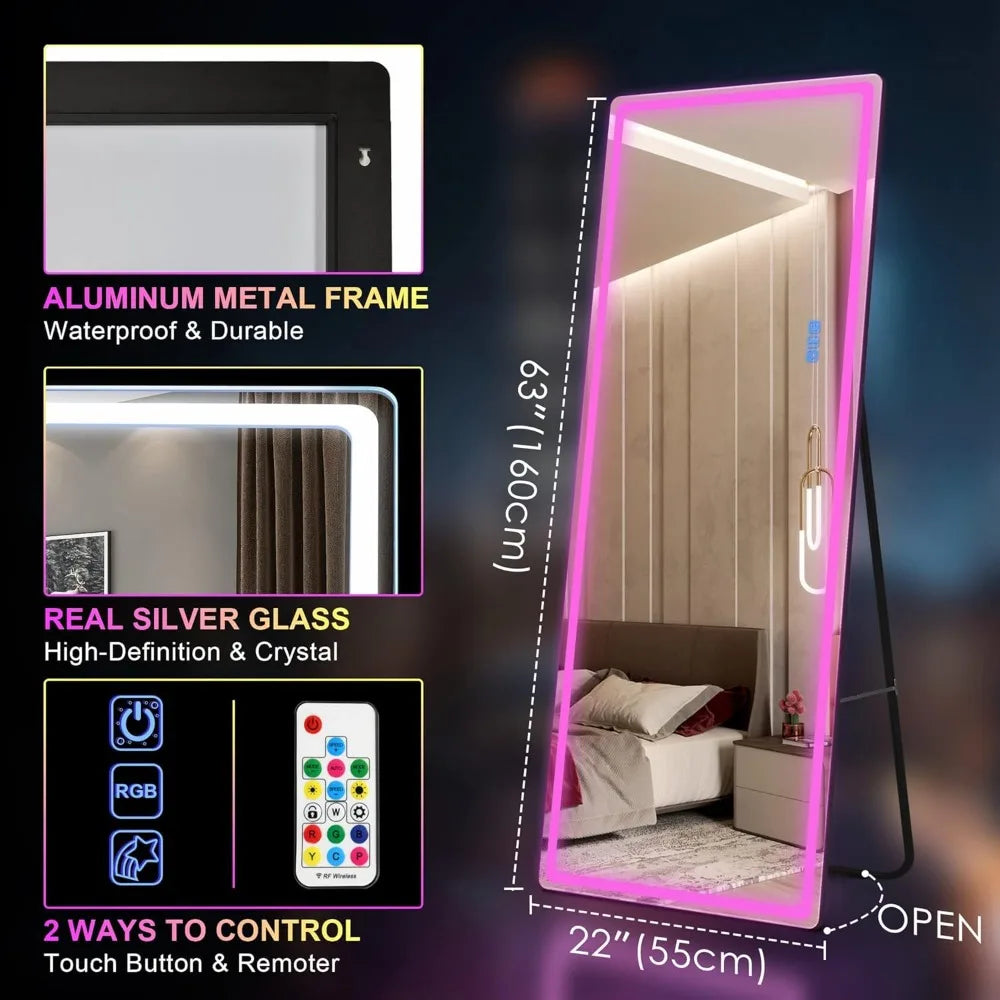 RGB LED Mirror, Full Length Mirror with Lights, 63 X 22 Floor Standing Mirror, Wall Mount Full Body Lighted Mirror, Stand
