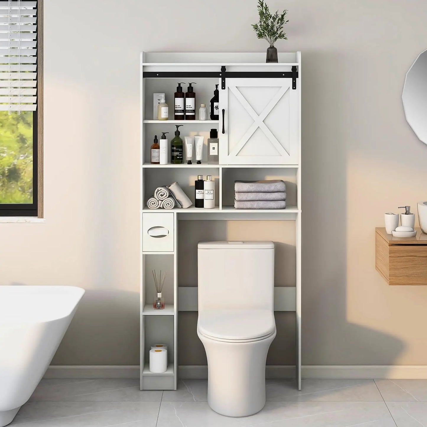 Vabches Over the Toilet Storage Cabinet Farmhouse Bathroom Organizer with Sliding Door & Toilet Paper Holder Wooden Toilet Rack
