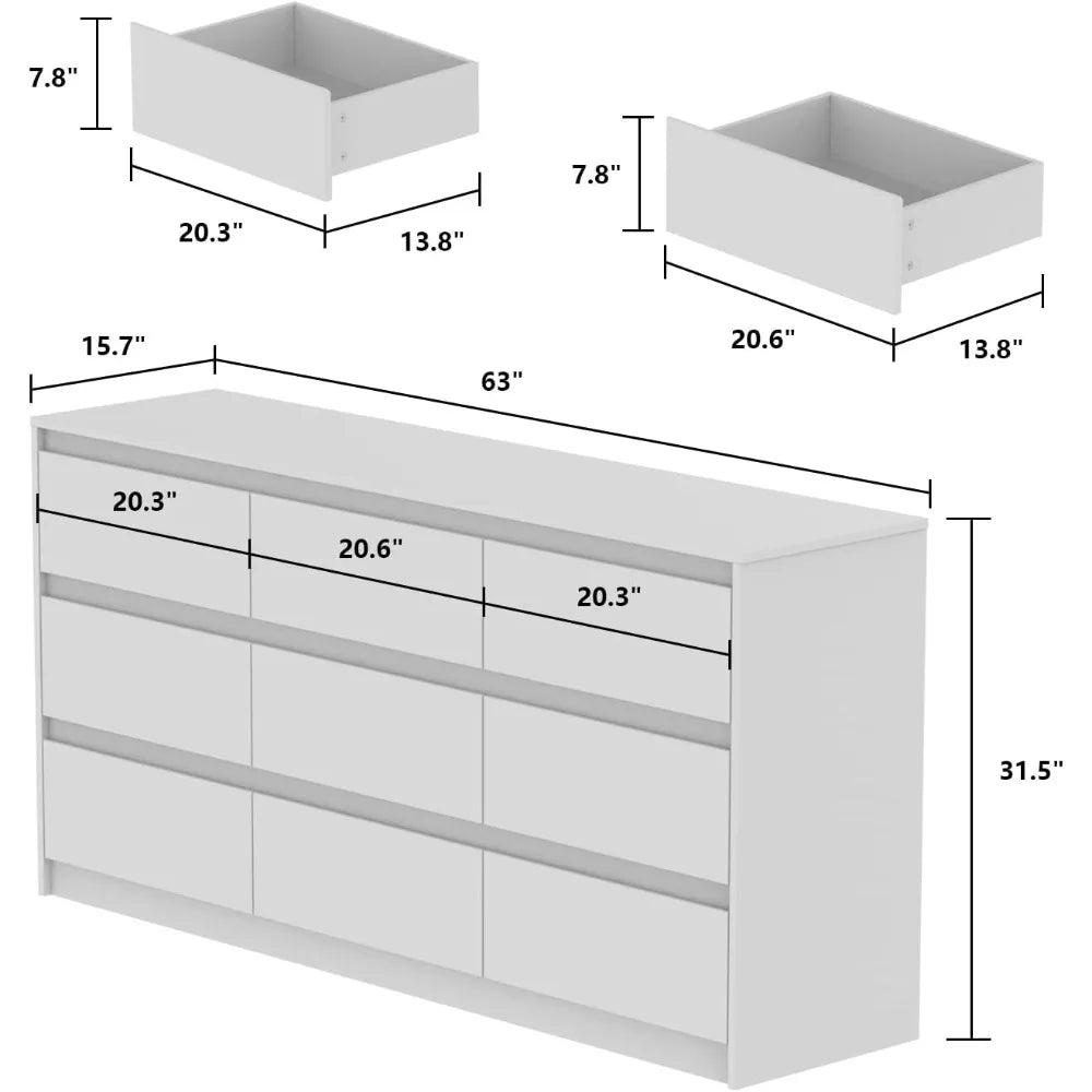 9 Drawers Double Dresser, Modern Wood Dresser Chest of Drawers with Large Storage Space for Bedroom, White (63”L x 15.7”W x 31.